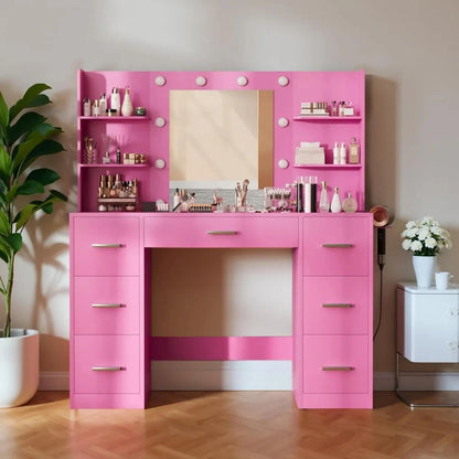 Vanity Desk with Mirror, LED Lights and Power Outlet Makeup Vanity Table with 7 Drawers and 6 Storage Shelves Dressing Table fo Good Vibrations