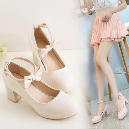 2025 NEW High Heel Shoes Women Platform Pumps Fashion Bow Thick Heel Shallow Female High Heels For Party Wedding 30-43 Good Vibrations