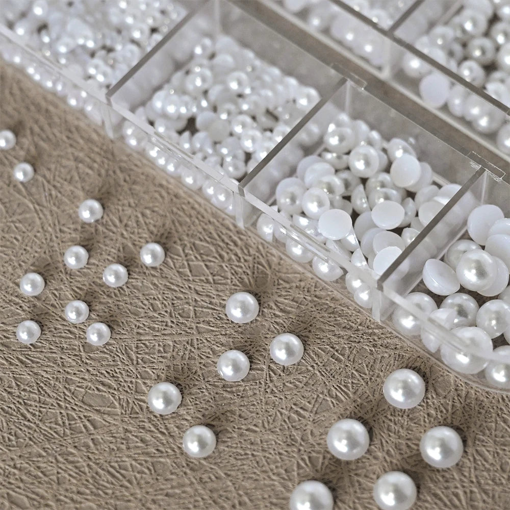 12grids Half Round Pearls Beads 3D Nail Charms 1.5/2/2.5/3/4/5mm White Flatback Pearls Nail Jewelry Nail Craft Pearl Rhinestones Good Vibrations