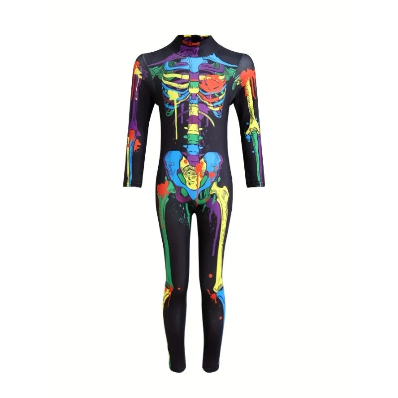 Halloween Party Theme Dress Up Costumes, Girls Long Sleeve Stretchy Fitted Full Color Skull Pattern Printed Women's Jumpsuit Good Vibrations
