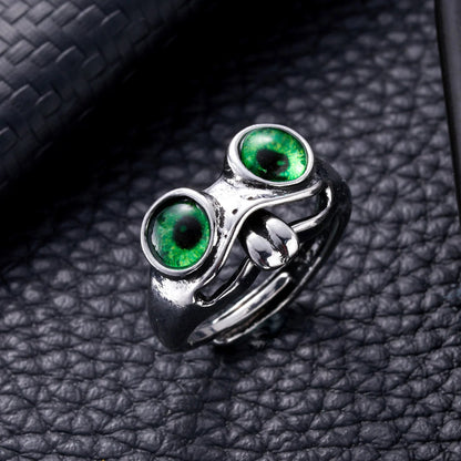Funny Tongue Out Frog Animal Rings For Men Women Vintage Green Blue Eyes Silver Plated Opening Ring Goth Fashion Party Jewelry Good Vibrations