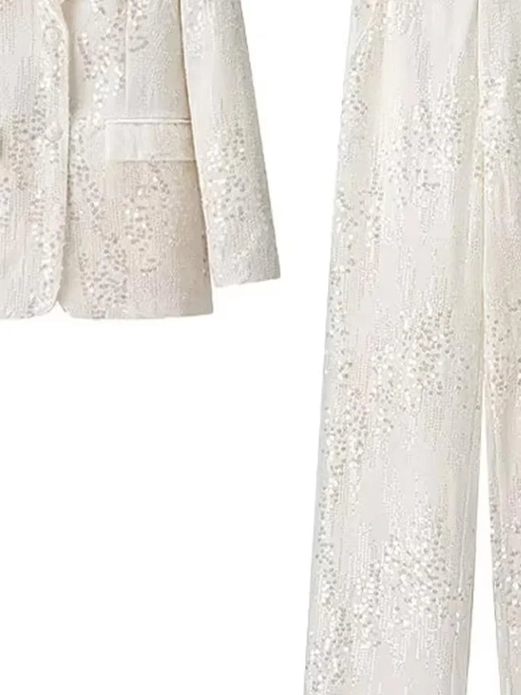 HH Women's Chic Set Sequins Turn-Down Collar Pockets Single-Breasted Blazers+High Waist Zipper Trousers Female Sets Trendy Good Vibrations