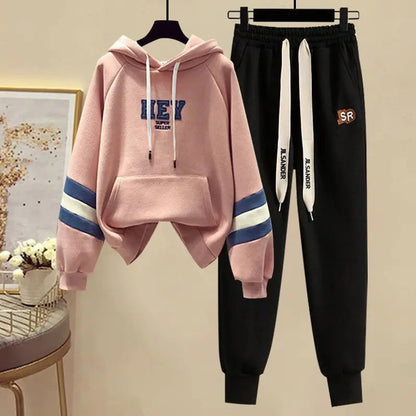 Sports Set for Women in Spring and Autumn New Korean Version Color Blocking Hooded Top Casual Pants Age Reducing Two-piece Set Good Vibrations