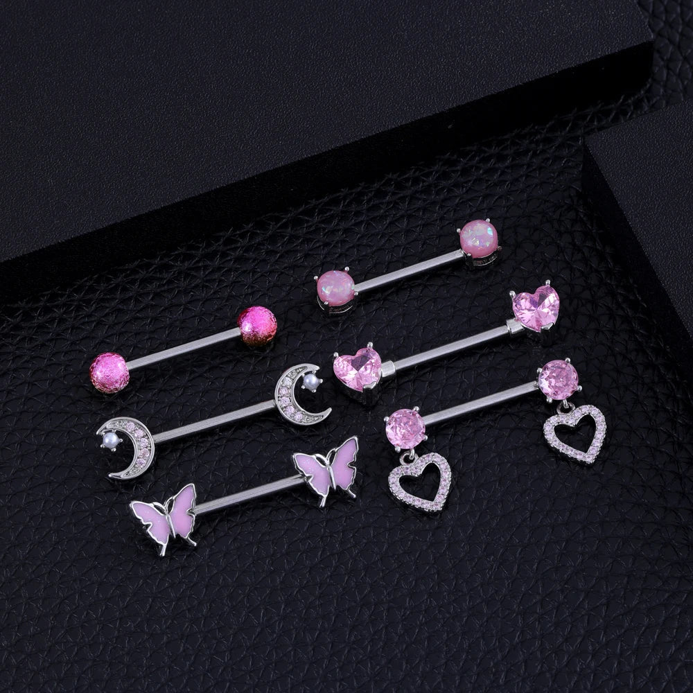 A Pair Cute Heart Dangled Nipple Piercings Barbell for Women Pink Color Moon Butterfly Shaped Sexy Nipple Rings Shield Bar Sets Good Vibrations Adult Super Store
