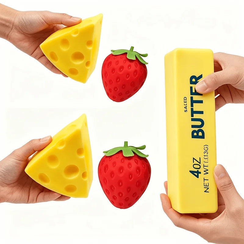 3Pcs Party Fidget Squishy Toy Set, Strawberry Cheese & Butter Squishies, Realistic Soft Sensory Squeeze Toys, Birthday Gifts & C Good Vibrations