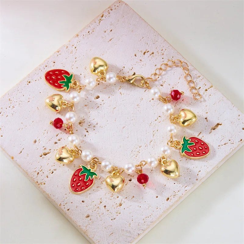 Charm Red Strawberry Bracelet for Women Cute Cherry Heart Shape Fruit Pearl Metal Chain Wristband Girls Party Friendship Jewelry Good Vibrations