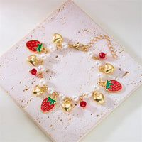 Charm Red Strawberry Bracelet for Women Cute Cherry Heart Shape Fruit Pearl Metal Chain Wristband Girls Party Friendship Jewelry Good Vibrations