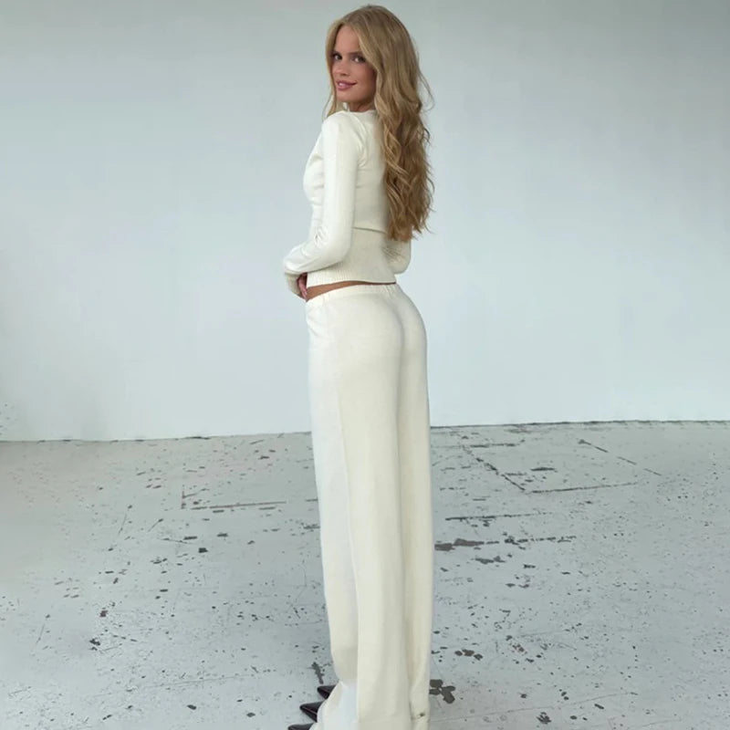 Tornova 2025 Fall Winter Knitted Suit Solid Cardigan Top Women's O neck Knitted Sweater Straight Trousers Two Piece Set Casual Good Vibrations