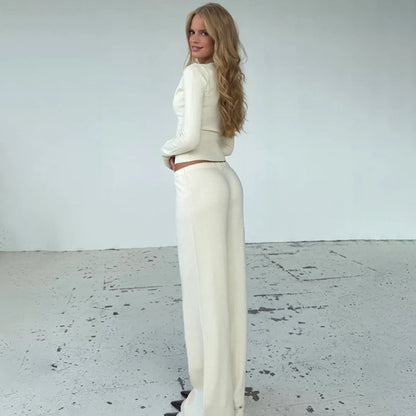 Tornova 2025 Fall Winter Knitted Suit Solid Cardigan Top Women's O neck Knitted Sweater Straight Trousers Two Piece Set Casual Good Vibrations