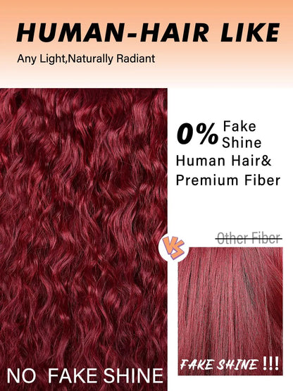 Glueless 200% Density 99J Burgundy Full Machine Made Deep Wave Wig with Bangs Water Wave Red Curly Human Hair Wigs Wear and Go Good Vibrations