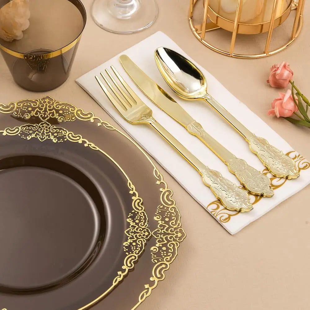 350Pcs Clear Bla Plastic Plates For 50 Guests, Disposable Plates With Gold Trim Lude 50 Dinner And Dessert Plates, 150 Gold Good Vibrations