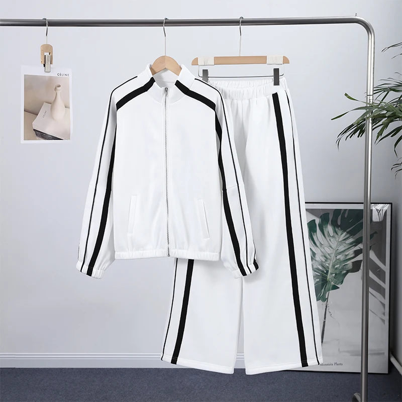 Stripe Contrasted Sweatshirt Pant Set Women Casual Stand Collar Full Sleeve Zippers Sport Coat Wide Leg Trousers 2 Piece Sets Good Vibrations