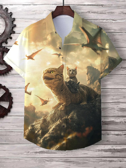 Men's Cat Graphics Shirts Short Sleeved Button Down Lapel Shirt For Summer Oversized Tops Vacation Casual Hawaiian Shirts Good Vibrations