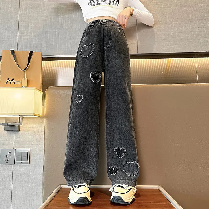 2025 Spring Autumn Girls Love Rough Edges Jean Korean Version Style Kids Middle Waist Cowboy Pants Elastic Waist Long Pants Good Vibrations