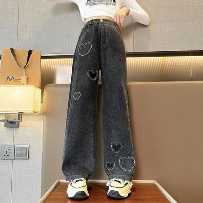 2025 Spring Autumn Girls Love Rough Edges Jean Korean Version Style Kids Middle Waist Cowboy Pants Elastic Waist Long Pants Good Vibrations