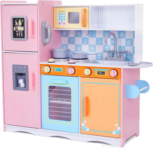 Kids Kitchen Set, Pretend Wooden Play Kitchen with Chalk Board, Play Phone, Towel Rack & Ice Dispenser, Clicking Knobs, Pots & U Good Vibrations