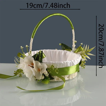 Elegant country-style wedding flower girl basket, decorated with green leaves and bows, suitable for ceremonies and photography Good Vibrations