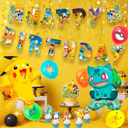 Pokemon Party Decorations, 38 Pcs Pokemon Birthday Decorations - Pokemon Banners Balloons Tablecloth etc Pikachu Party Supplies Good Vibrations