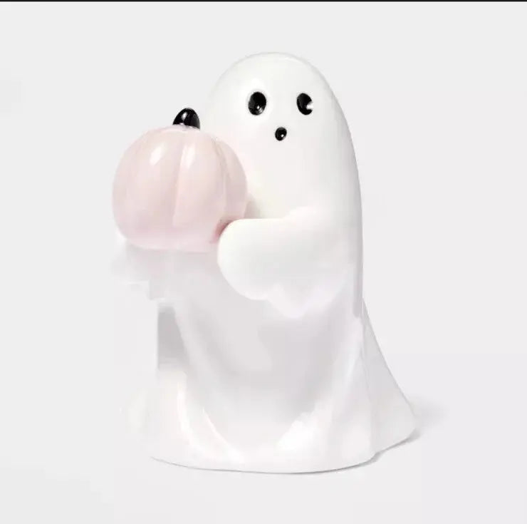 Halloween Ghost Ornament Ghost Holding Pink Pumpkin Bat Resin Ornament Home Living Room Bedroom Office Desktop Decoration Good Vibrations