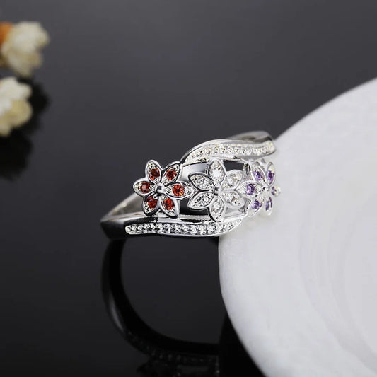 Charm 925 Sterling Silver Rings For Women color crystal flower size 6/7/8/9 Fashion Party Gifts Girl student wedding Jewelry Good Vibrations