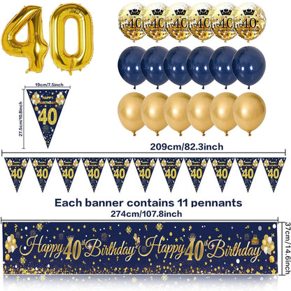 30th/40th/50th/60th/70th Birthday Decorations Men Women Birthday Balloon Garland Kit Happy Birthday Banner Blue Gold Balloon Good Vibrations