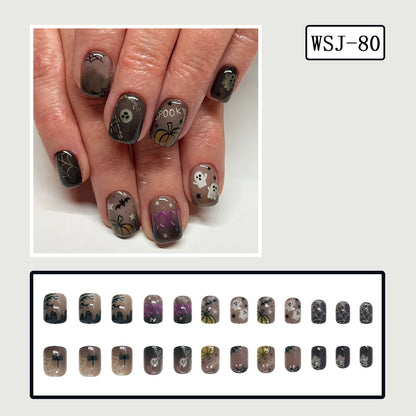 24pcs Pink Long Coffin Fake Nail Tips Halloween Ghost Bat Print Press on Nail Wearable Detachable European Long False Nails Good Vibrations