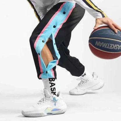 Harajuku Fashion Sports Men Pants Daily Outdoor Basketball Sweatpants Hollow Out Side Stripe Button Fly Design Creative Trousers Good Vibrations