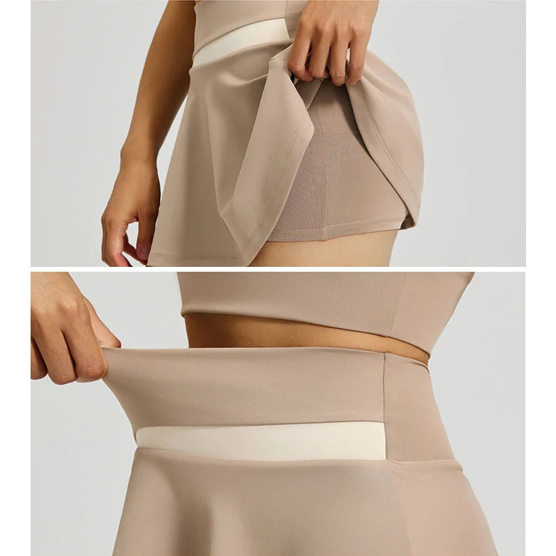 Women's Two Tone 2 Piece Yoga Set Short Sleeve Yoga Top with Bra Pads High Waist Skort with Liner Running Fitness Sportswear Good Vibrations