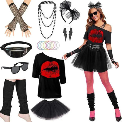 Women 80s Vintage Outfit Drop Shoulder Tee Tutu Skirt Waist Bag Necklace Earrings Bracelet Ankle Socks Costume Set Good Vibrations