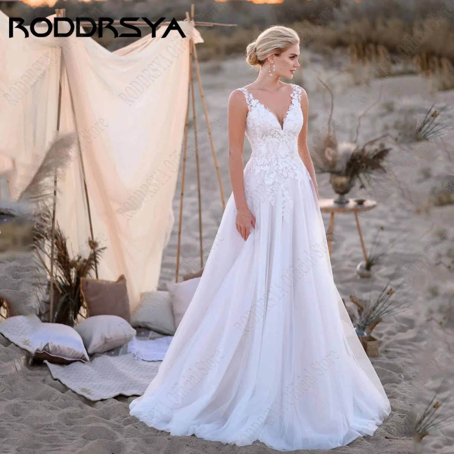 RODDRSYA Customized Boho Sleeveless Wedding Dress Applique V-Neck vestidos de novia Sweep Train Tulle A Line Corset Wedding Gown Good Vibrations