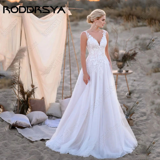 RODDRSYA Customized Boho Sleeveless Wedding Dress Applique V-Neck vestidos de novia Sweep Train Tulle A Line Corset Wedding Gown Good Vibrations