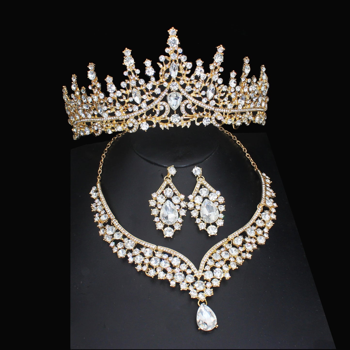 Luxury Crystal Wedding Bridal Jewelry Sets Women/Girl Gold Color Tiara/Crown Earrings Choker Necklace Bride Jewelry Set Good Vibrations Adult Super Store