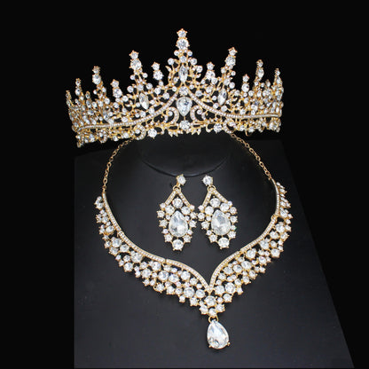 Luxury Crystal Wedding Bridal Jewelry Sets Women/Girl Gold Color Tiara/Crown Earrings Choker Necklace Bride Jewelry Set Good Vibrations Adult Super Store