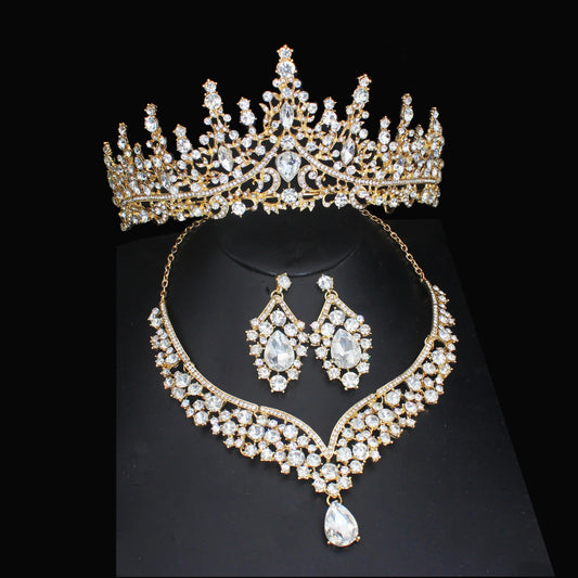 Luxury Crystal Wedding Bridal Jewelry Sets Women/Girl Gold Color Tiara/Crown Earrings Choker Necklace Bride Jewelry Set Good Vibrations Adult Super Store