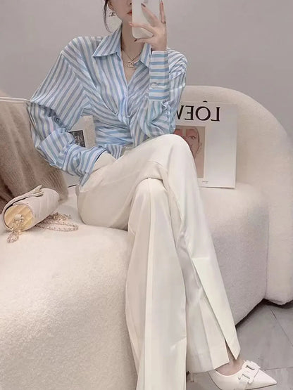 Women's Pants Two Piece Set Holiday Outfits Ladies Trouser Shirt Blue Blouse and Spring Autumn Stripe Aesthetic Groups of Co Ord Good Vibrations