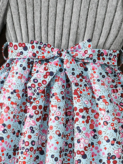 Spring and Autumn Girls' Simple Casual Versatile Knitted Round Neck Long-Sleeved Floral Dress Girls' Daily Casual Dress Good Vibrations