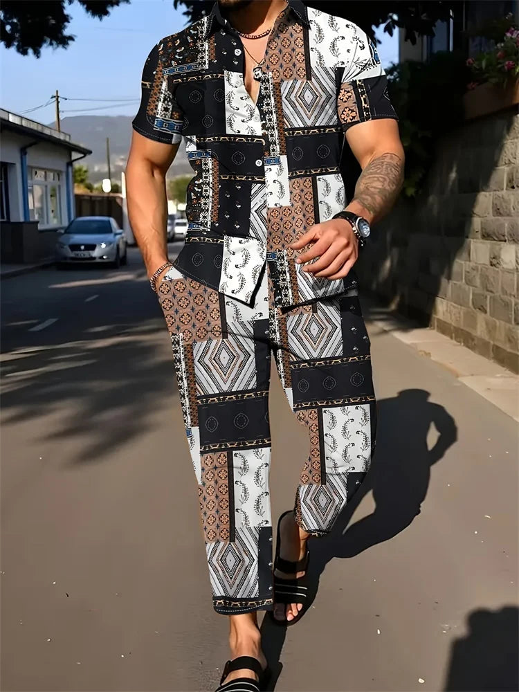 2025 Autumn Geometric Color Block Printed Short-sleeved Set, 2pcs Daily Casual And Loose Men's Shirt Set, Casual And Fashionable Good Vibrations
