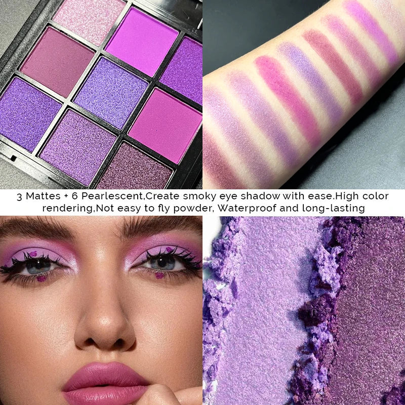 Luxurious Purple Eyeshadow Palette 9 Color Matte and Shimmering violet Eye Makeup for Creating Smoky or Natural Looks Cosmetic Good Vibrations