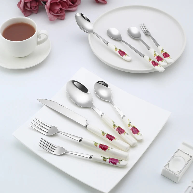 Ceramic Handle Tableware Set Stainless Steel Cutlery Set Steak Knife Fork Coffee Spoon Dessert Dinnerware Rose Flowers Pattern Good Vibrations