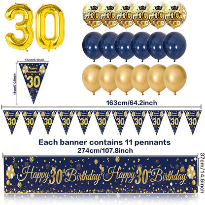 30th/40th/50th/60th/70th Birthday Decorations Men Women Birthday Balloon Garland Kit Happy Birthday Banner Blue Gold Balloon Good Vibrations
