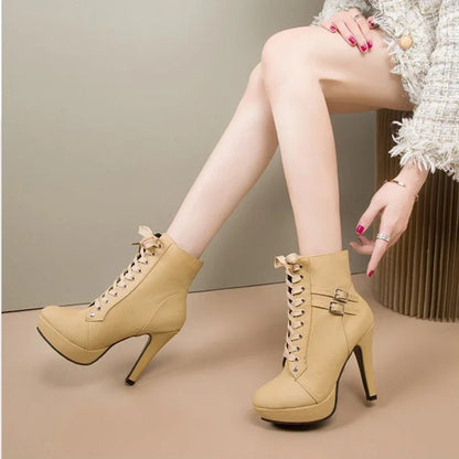Women's Boots High Heels New 2025 Autumn Cross-tied Fashion Belt Buckle Height Increased By 6-8cm Round Toe Strap Women's Boots Good Vibrations