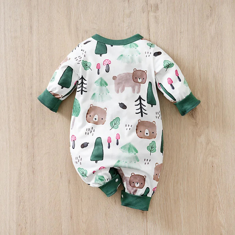 Baby Autumn Clothes Cartoon Animal Elements Baby Boy Long Sleeved Jumpsuit Casual Baby Single Breasted Clothes Good Vibrations