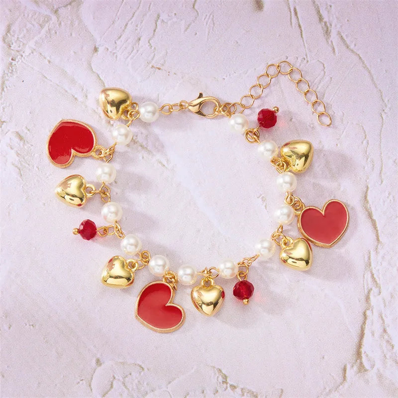 Charm Red Strawberry Bracelet for Women Cute Cherry Heart Shape Fruit Pearl Metal Chain Wristband Girls Party Friendship Jewelry Good Vibrations