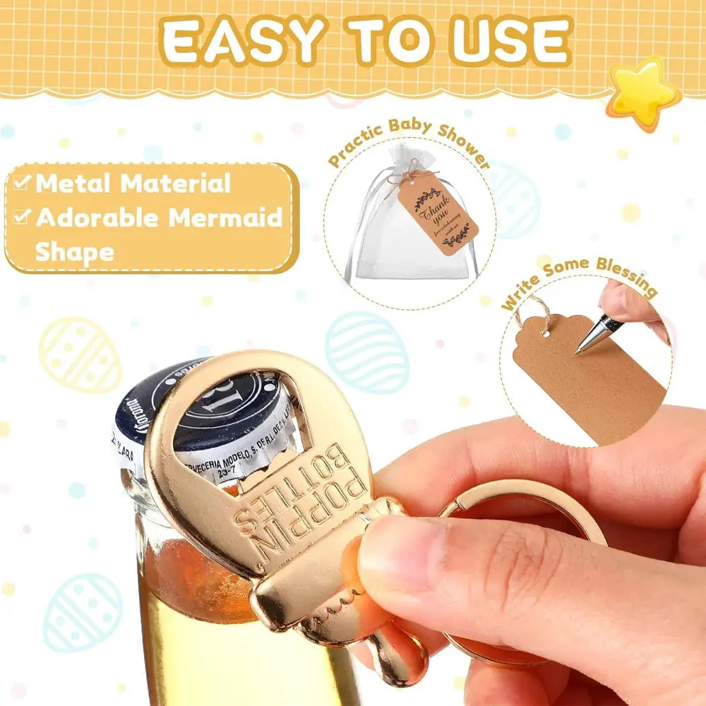 10 set baby shower gift set, bottle shaped opener with hard gauze bag commemorative keychain, thank you label themed party gift Good Vibrations