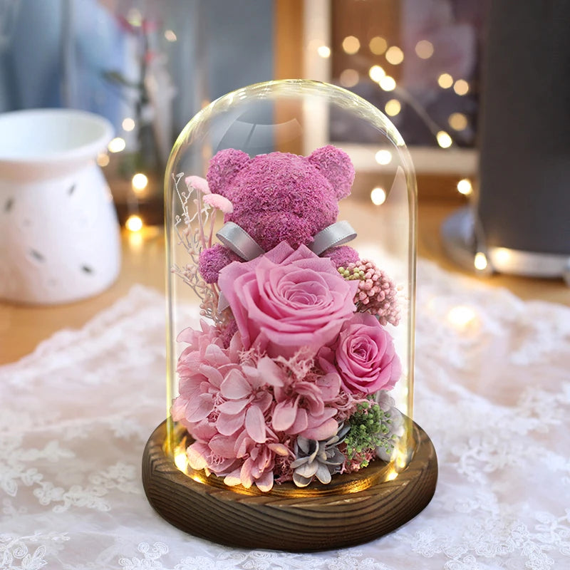 Valentine's Day Gift for Girlfriend Eternal Preserved Rose Flower Gift Box Teddy Bear Eternal Flower with Lights Gift for Women Good Vibrations
