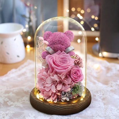 Valentine's Day Gift for Girlfriend Eternal Preserved Rose Flower Gift Box Teddy Bear Eternal Flower with Lights Gift for Women Good Vibrations