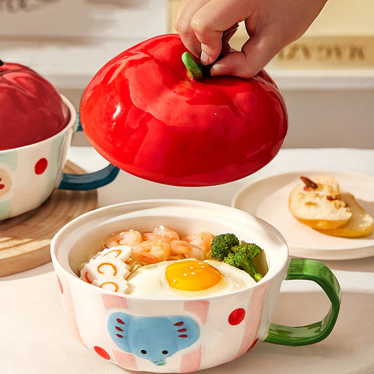 Cute Cartoon Pattern Noodle Bowls Durable Ceramic Underglaze Deep Soup Bowl With Lid Household Kitchen Ramen Serving Dinnerwares Good Vibrations