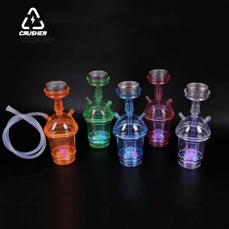 LED acrylic hookah cups in multiple colors with metal bowls and hoses, ideal for portable shisha sessions and parties.