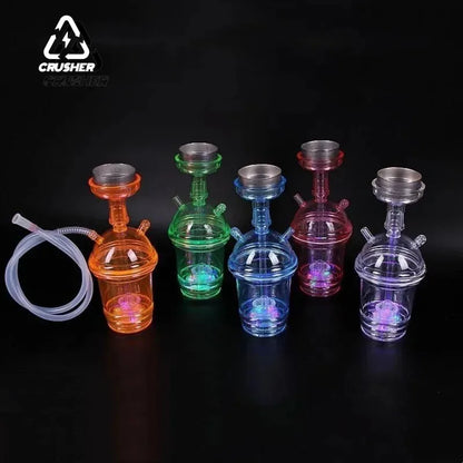 LED acrylic hookah cups in multiple colors with metal bowls and hoses, ideal for portable shisha sessions and parties.