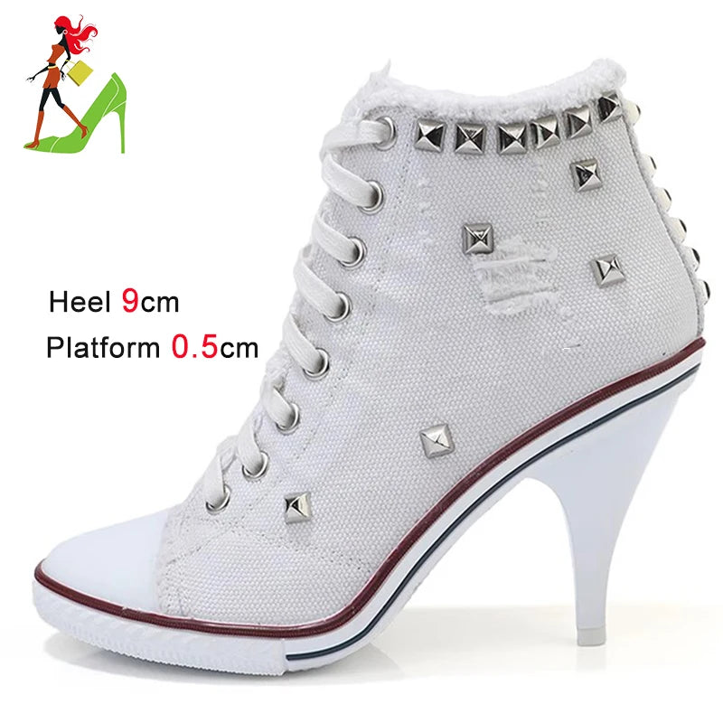 Women Boots Short High Heels Shoes For Women Botas British Style Rivet Ankle Boots Pointed Toe Side zipper strap Female Heels Good Vibrations
